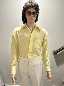 Vintage 1970’s Famous Bar Men’s Long Sleeve Yellow Shirt 17 34 Disco Polyester - Picture 1 of 6