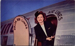 DELTA AIR LINES - STEWARDESS - VINTAGE LINEN POSTCARD - Picture 1 of 2