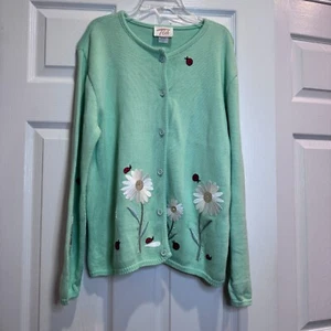 Vintage Tia Large Button Up Cardigan Green Sweater Ladybug Daisy Granniecore - Picture 1 of 17