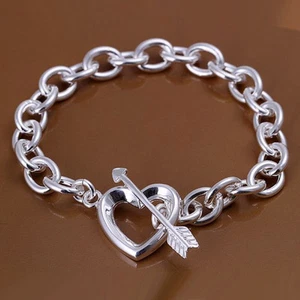 Weihnachtsgeschenk 925 Sterling Silber Pfeil durch Herz Verschluss Damen Armband Kette H034 - Bild 1 von 4