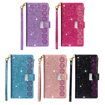 For iPhone 17 16 15 14 13 12 11 Pro Max 8 SE Plus Bling Glitters Zip Wallet Case - Image 1 of 4
