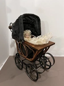 Victorian Style Doll Pram Black Buggy Carriage Stroller Wood Wicker Nursery - Picture 1 of 8