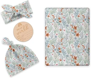 Newborn Swaddle Set with Matching Hat and Bow Set, Floral Baby Blue Flower - Picture 1 of 7