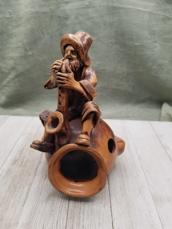 Vintage Brown Clay Hobo Tramp Man Playing Saxophone Musical Cone Incense Burner - Изображение 1 из 4