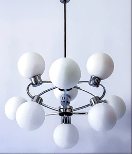 Mid Century 1970s SPUTNIK ATOMIC CHROME 9 Light Chandelier opaque glas Globes - Picture 1 of 8