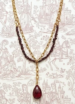 Natural Ruby Chips In 2-Strand Paperclip Necklace W/ Genuine Ruby Pendant - Image 1 of 4