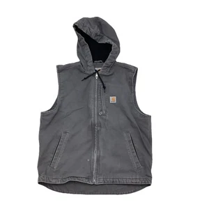 Carhartt Duck Canvas Hooded Zip Up Vest Men's Sz M Black Fleece Lined 103837 GVL - Picture 1 of 16