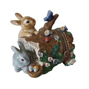 Vtg CWC Porcelain Hinged Trinket Keepsake Box Bunnies on Log Butterfly Flowers - Picture 1 of 16