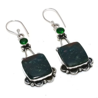 Bloodstone, Diopside Gemstone 925 Sterling Silver Jewelry Earring 2.29" B704 - Image 1 of 2