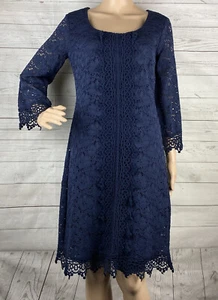 Alfani Lace Dress Small Navy Blue 3/4 Bell Sleeve Knee Length Lined Stretch - Picture 1 of 12