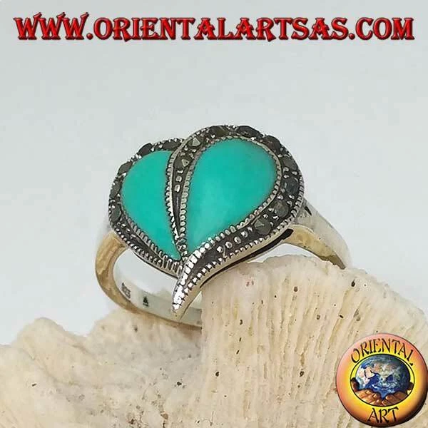 Anello in Argento 925‰ a cuore di turchese e bordo di marcasite - Immagine 1 di 1
