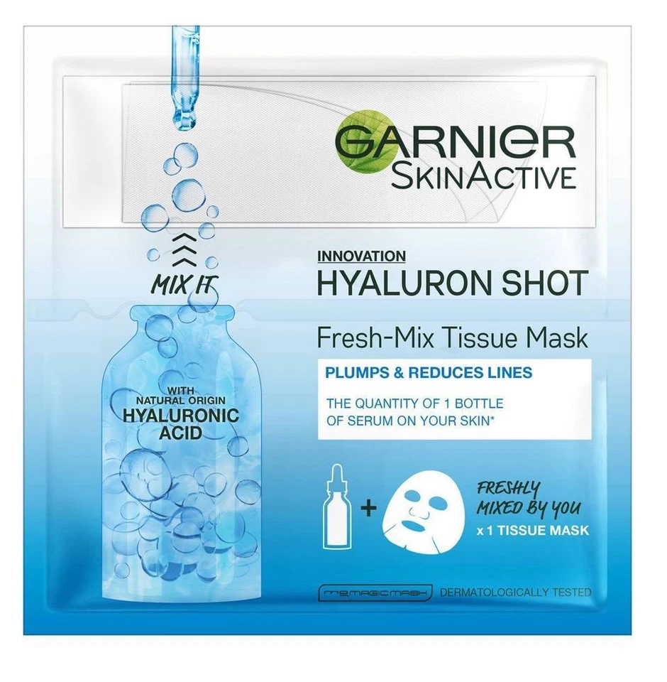 GARNIER HYALURON SHOT TISSUE FACE MASK HYALURONIC ACID HYDRATES PLUMPS  - Image 1 of 1
