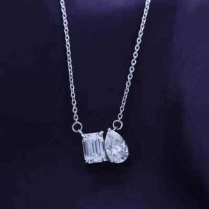 2ct Pear & Emerald Shape Moissanite Toi Et Moi 2 Stone Pendant Necklace Sterling - Picture 1 of 4