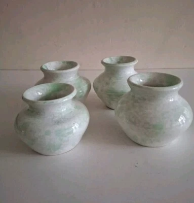 Studio Pottery Green & White Mottled Vases x 4 Pots Vintage Decorative 7x8cm - Image 1 of 4