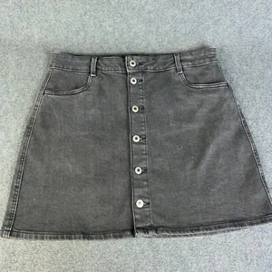 Denim Skirt Womens 36 A-Line Button Thru Black Stretch Wash Out Fade Above Knee - Picture 1 of 9
