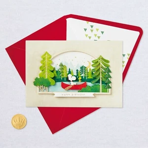 Birthday Card by Signature Hallmark ~ Peanuts Snoopy & Woodstock Canoe on Lake - Picture 1 of 3