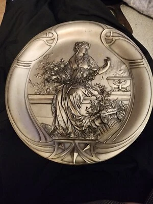 Nouveau/ Mucha Silver Plated Plaque Plate Maiden with Roses, Fire Pot ca 1890s - Image 1 of 4