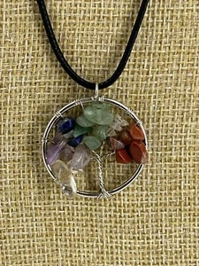 Tree of Life Necklace Womens Multicolor Stone Black Cord Choker 19" - Picture 1 of 6