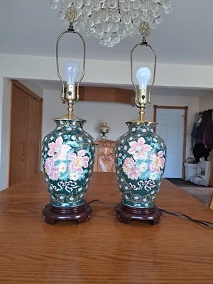 Oriental Matching Vtg Table Lamps With Floral Design Polychrome Ceramic - Image 1 of 4