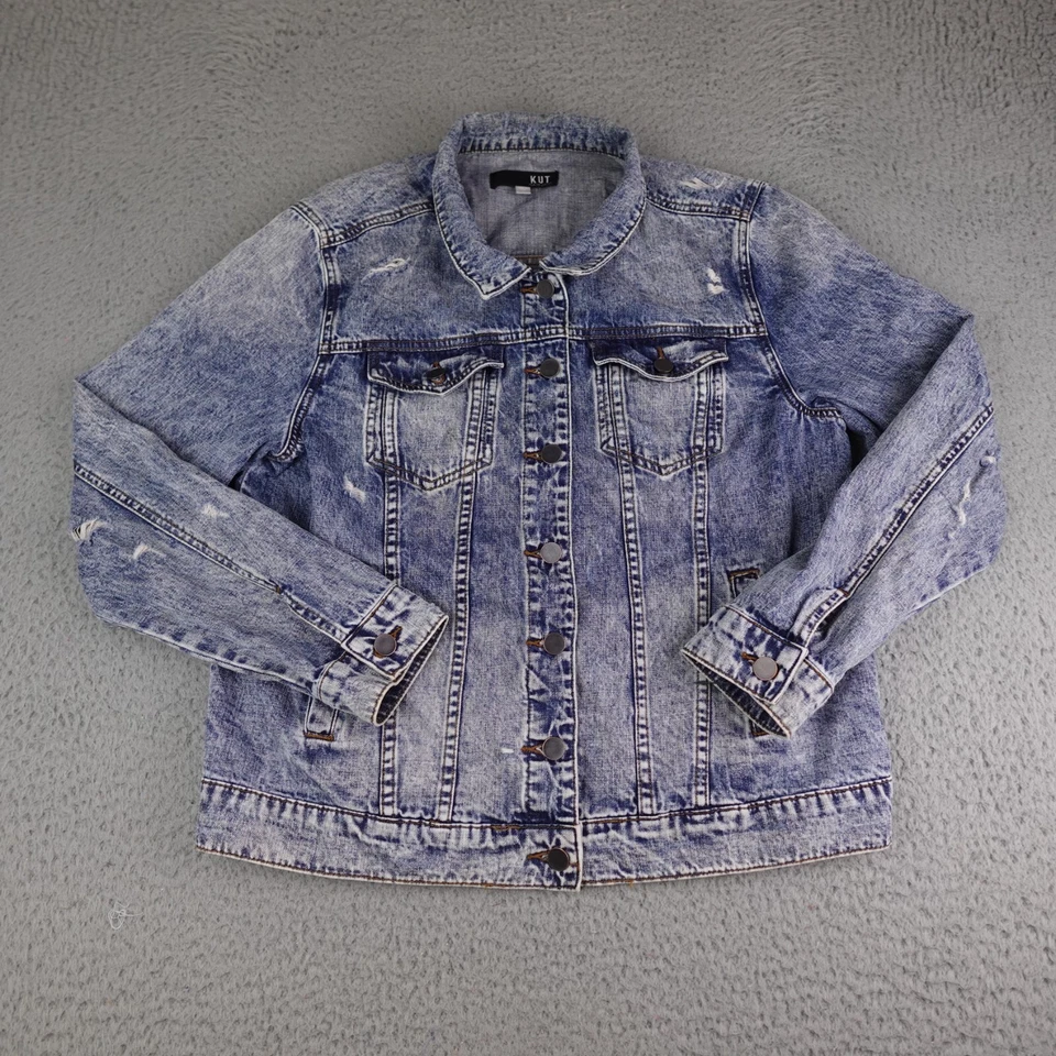 KUT Denim Jacket Womens Large Blue Denim Emma Boyfriend Light Wash Distressed - Image 1 of 4