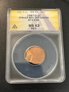 1987 D OFF CENTER CENT ANACS MS-63 RD - COIN ERROR OFF CENTER - CERTIFIED - 1C - Picture 1 of 2