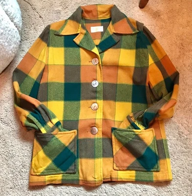 RARE 1950s Vintage Pendleton 49er Jacket Green Yellow & Rust Wool Plaid XS to M - Image 1 of 4