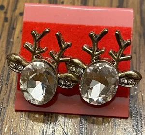 Cutie Cute Christmas Holiday Silver Tone Reindeer Face Earrings with Bling - Picture 1 of 3