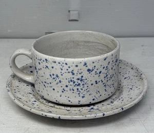 Farmhouse Medium Size Mug/Soup bowl and saucer Pottery Cobalt Blue Ivory Spotted - Picture 1 of 5