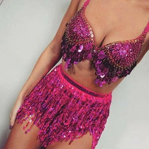 Girl Sequin Dance Mini Dress Belly Dancer Jazz Costume Tassel Wrap Skirt Gifts - Picture 1 of 20