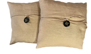 Pottery Barn 18x18 Brown Earth 100% Linen Throw Pillow Set of 2 Button - Picture 1 of 8