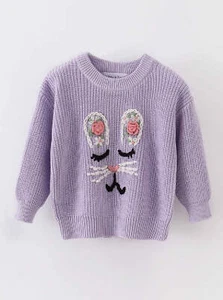 Girl's Boutique Easter Purple Hand-Embroidery Bunny Pullover Sweater Matching Si - Picture 1 of 7