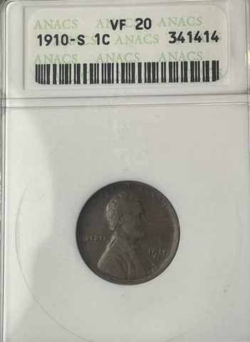1910-S Lincoln Wheat Cent Graded VF-20 By ANACS in Old ANACS Holder Cover