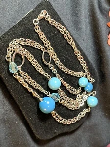 Collar de Colección Cuentas y Cadena Turquesa Lucita Cuentas Longitud Ópera Joyería Patrimonial - Imagen 1 de 14