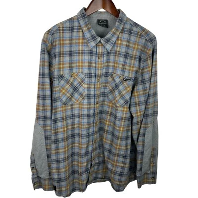 Oakley Size XL Gray Blue Tan Plaid Flannel Button Long Sleeve Shirt Surf Casual - Image 1 of 4
