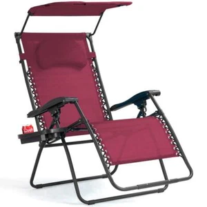 Folding Recliner Zero Gravity Lounge Chair W/ Shade Canopy Cup Holder Wine - Picture 1 of 7