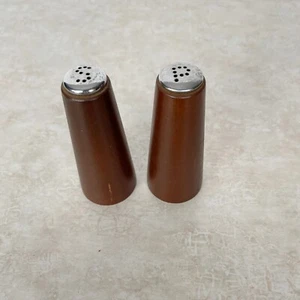 Vintage MCM Salt & Pepper Shaker Set Wood w/ SS Metal Tops 3.5" Tall Japan - Picture 1 of 7