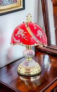 Vintage Roses Color Glass and Brass Touch Lamp - Picture 1 of 12