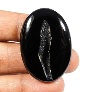 Natural Black Agate Onyx Druzy Gemstone Cabochon Oval Shape Loose 68 Cts #9897 - Picture 1 of 6