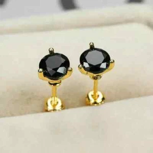 1.5CT Round Lab Created Black Diamond Womens Stud Earring 14K Yellow Gold Plated - Picture 1 of 5