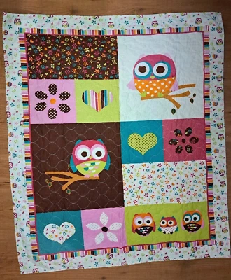 Hand-Made Child's Small Bed Owl Flower Quilt/Activity Mat/Reversible. GUC,J - image 1 of 4