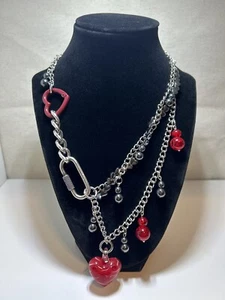 Alt Necklace & Red Glass heart pendant, Thick charms & Hematite Beads,Adjustable - Picture 1 of 9