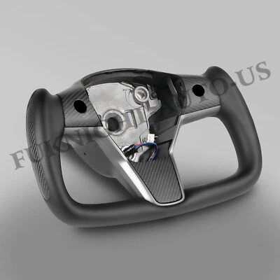 Yoke Steering Wheel w/ Heating Carbon Fiber For Tesla Model 3/Y 2017-2023 Black - Image 1 of 4