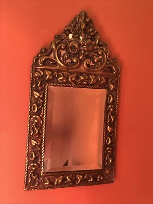 Ornate Victorian Brass Wall Hall Bedroom Framed Mirror Repousse Antique - Image 1 of 4