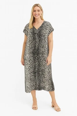 Talbots Woman Midi Dress 22 Shift Chiffon Leopard Print VNeck Slip Lining Brown - Image 1 of 4