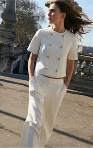 ZARA Ecru Trouser Dress Pant Sz L High Waist Minimalist Straight Leg Pockets NWT - Picture 1 of 18