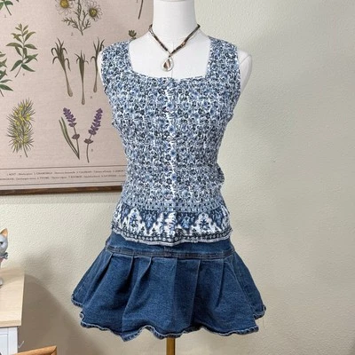 Vintage 90s Y2k Blue Floral Smocked Tank Top Prairie Coastal Cowgirl Cottage XL - Image 1 of 4