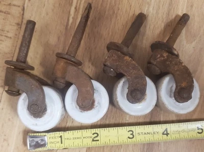 4 Antique Porcelain Casters  1" Inch Wheel Cast Iron Body - Image 1 of 4