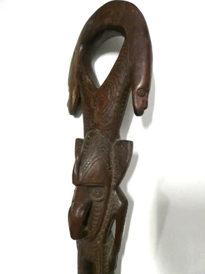 WOODEN CARVED ANCESTORAL FIGURES OCEANIC STAFF WALKING STICK PNG PACIFIC ISLAND - image 1 of 4