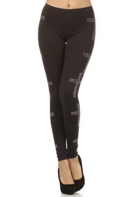 Mujeres Nuevo PLATEADO ESTRÁS Moda Algodón Negro Leggings Pantalones S M L Foto 1 de 4