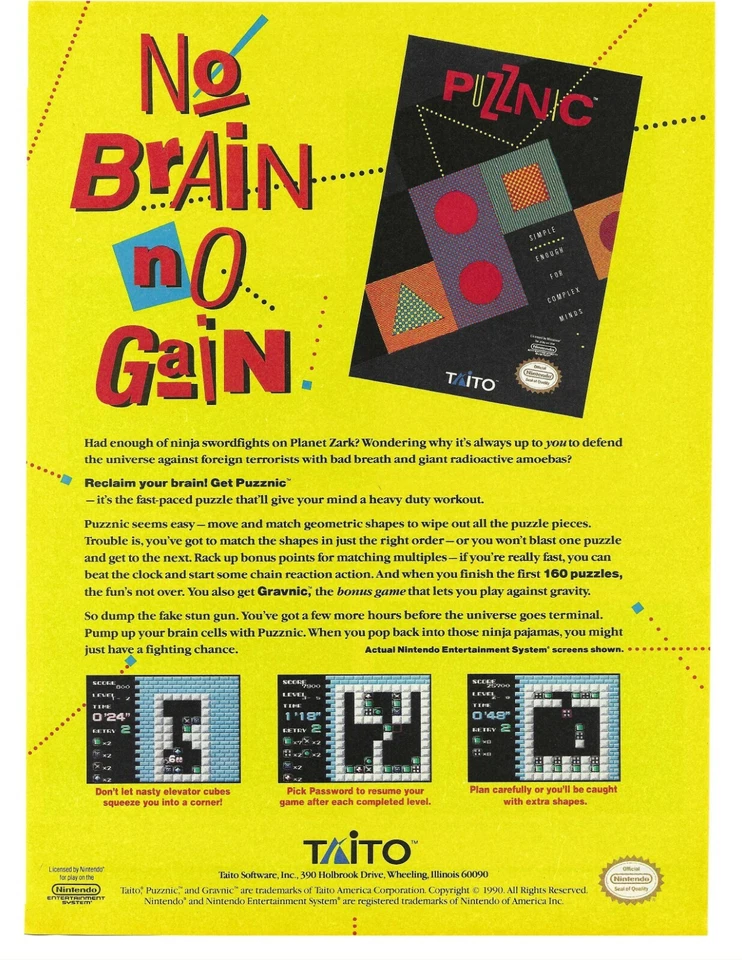 Videojuego Puzznic 1991 anuncio impreso vintage Nintendo NES sin cerebro sin ganancia amarillo Foto 1 de 1